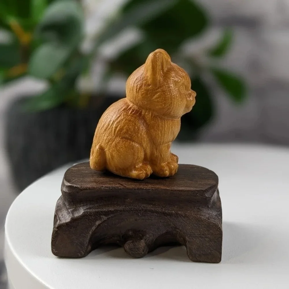 Wooden hand carved cat statue figurine sitting chonky fat ginger orange kitty